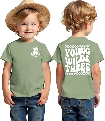 BOUTIKOME Young Wild and Three Birthday Boy Shirt 3rd Birthday Outfit 3 Year Old Boy T-Shirt Third B-Day Party Tees Tops