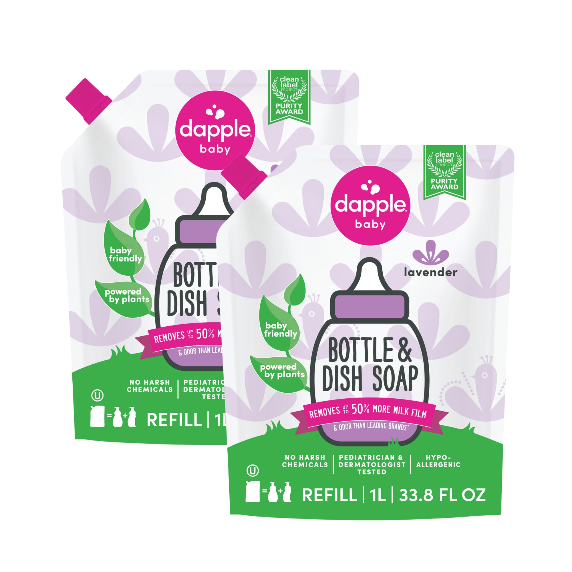 Dapple Baby Lavender Bottle &amp; Dish Soap Refill Pouch - (2 Pack) 33.8 fl oz - Plant-Powered Cleaner for Baby Bottles, Pump Parts, and Sippy Cups