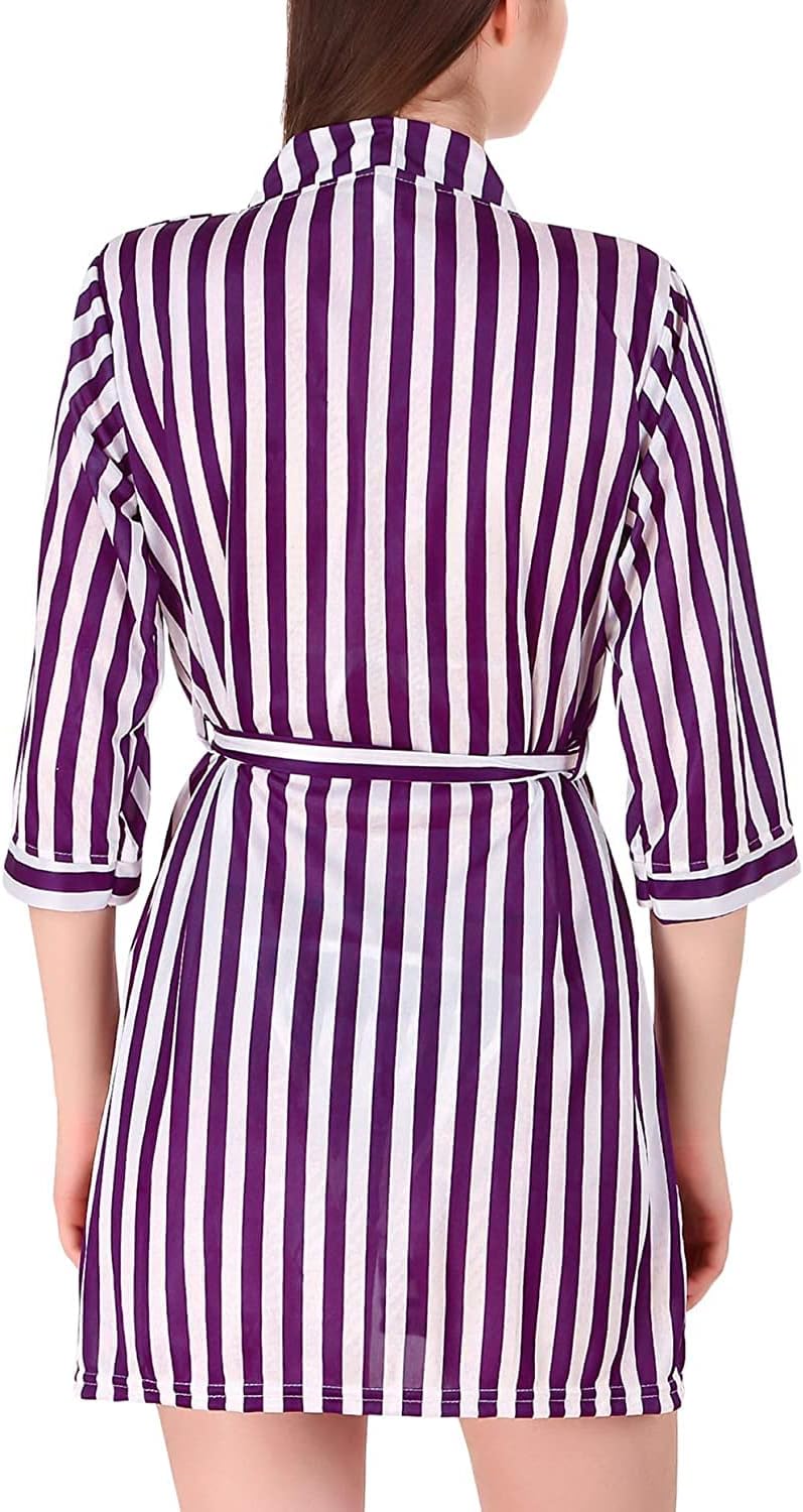 Women Stripe Satin Nightwear Robe Nightdress with Bra Panty Satin Lingerie Set (Purple White Free-Size)