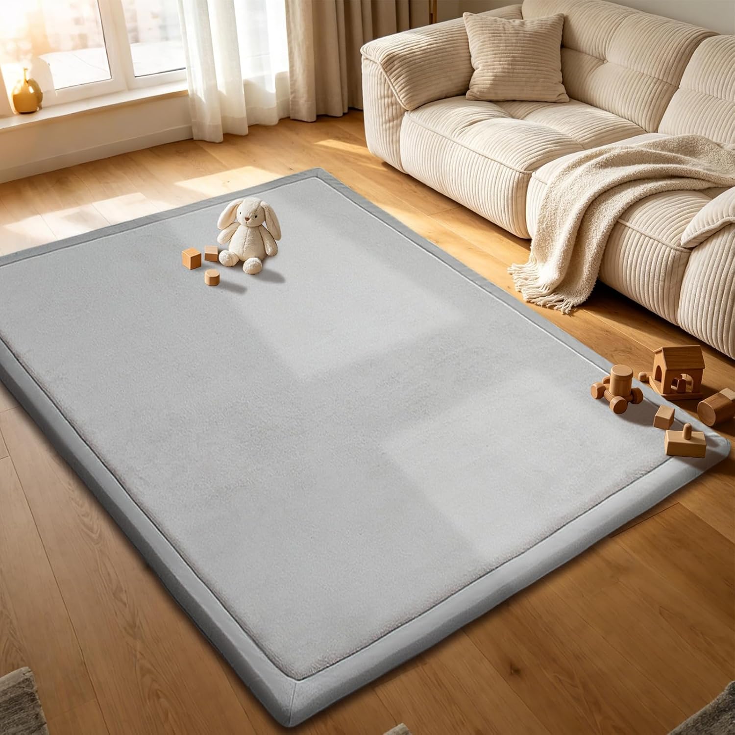 Baby Play Mat for Floor, 79'' x 71'' Thicken Foam Soft Padded Playmat for Tummy Time, Playpen Mat for Toddlers Infant Kids, Water-Repellent Coral Velvet, Non-Slip Bottom Safe for Crawling, Light Grey