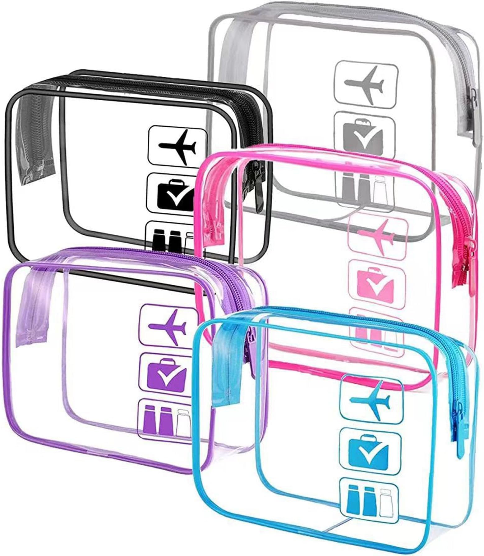 5 Pack Toiletry Bag Clear PVC Makeup Bag-Waterproof Portable Travel Organizer Zippered Pouch for Women Men, Carry on Airport Airline Compliant Bag, 5 Colors