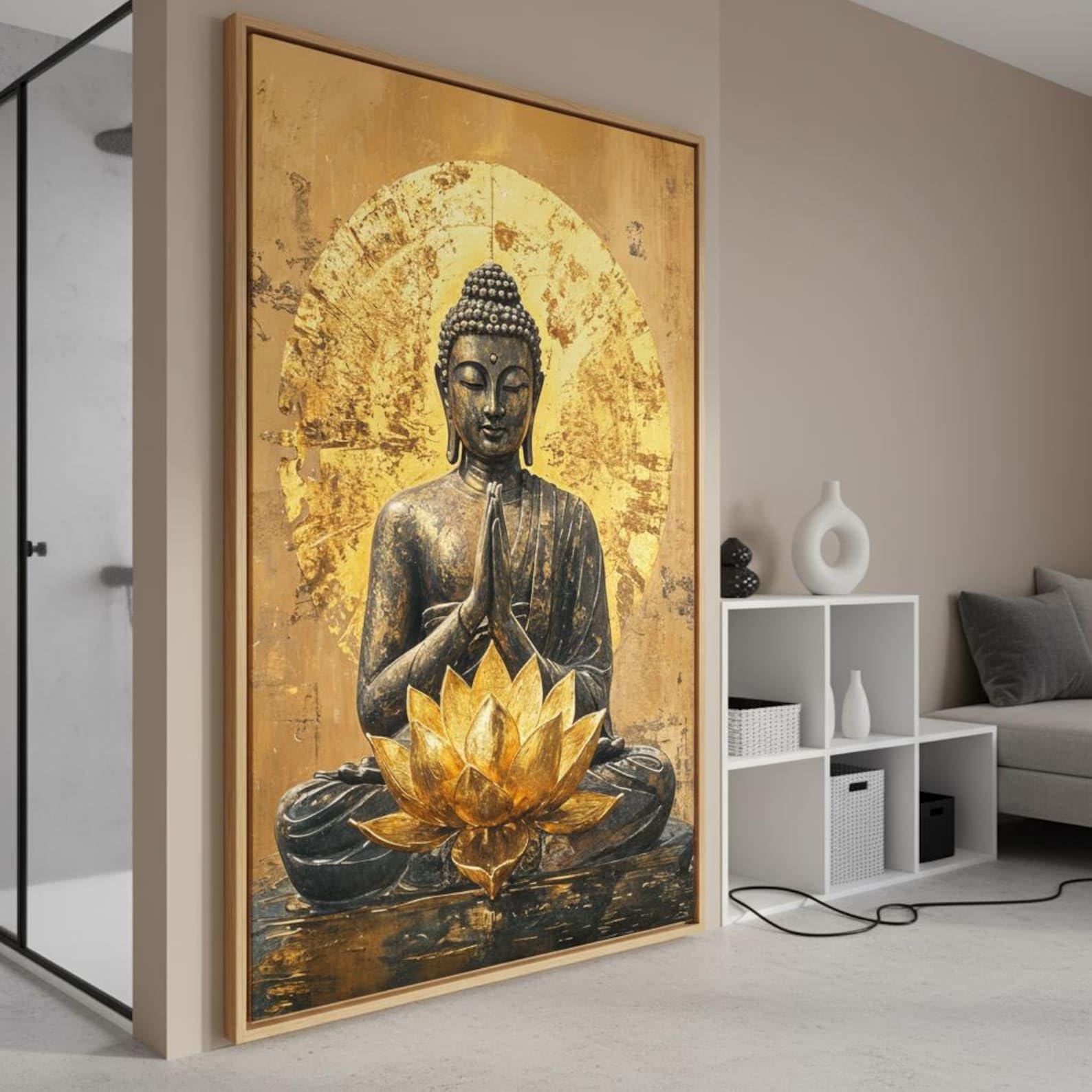 LMYCHENG Spokojny złoty Budda plakaty i druki, abstrakcyjny obraz lotosu na płótnie - duchowe Zen dzieło sztuki do dekoracji domu (20x30 cm/rama wewnętrzna)