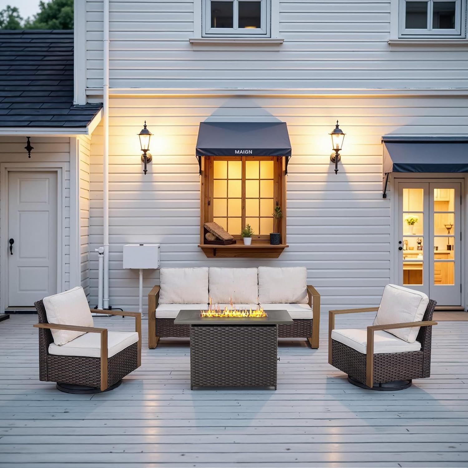 Belord Full 4 Pieces Patio Furniture Set with 41” Propane Fire Pit Table, Outdoor Conversation Set with Swivel Glider Outdoor Chair Set of 2 and Rattan Sofa for Deck Backyard