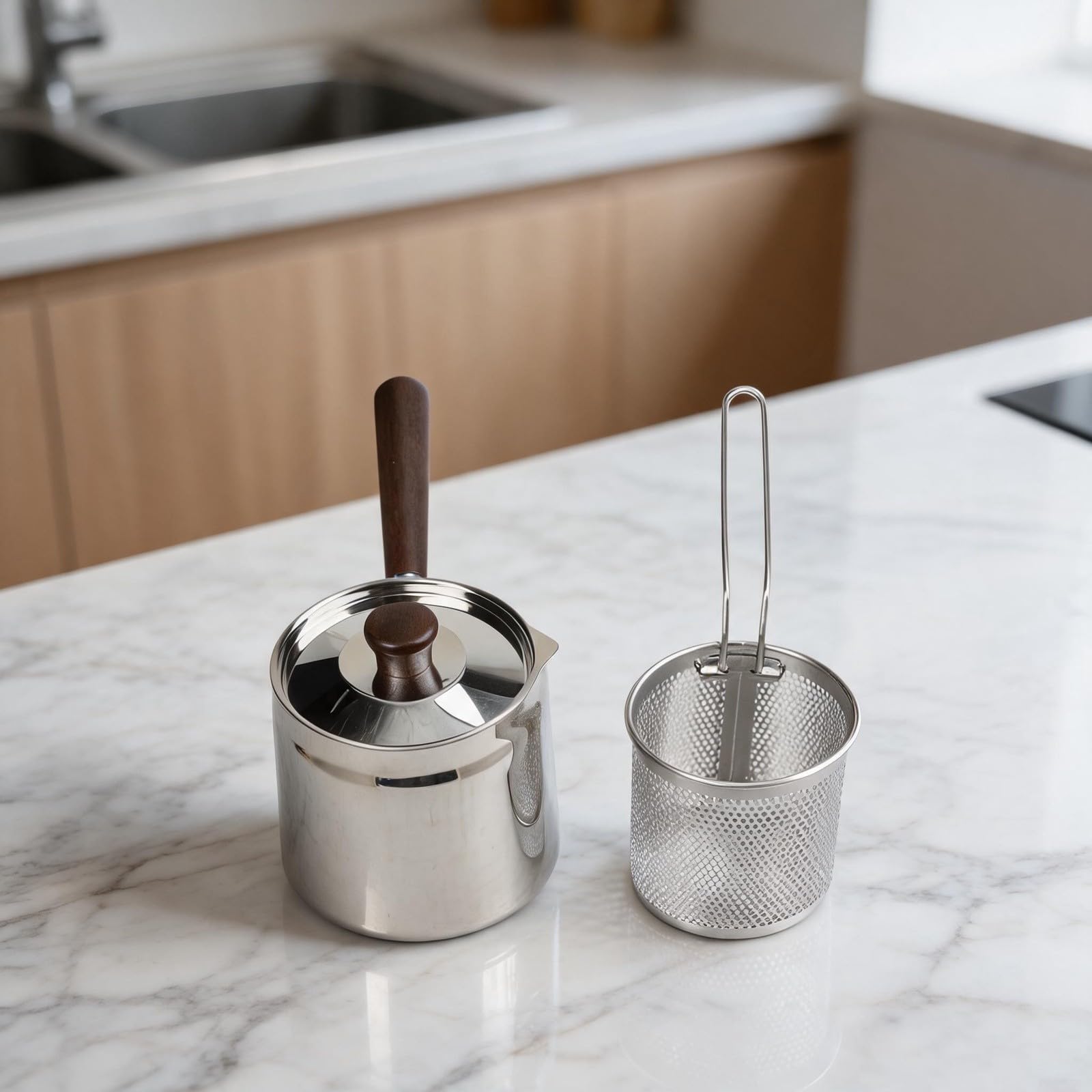 Freidora de para acero Inoxidable 304 con Mango de Nogal y Cesta 1.5L para Cocina Gas e Inducción Utensilio (A-2)