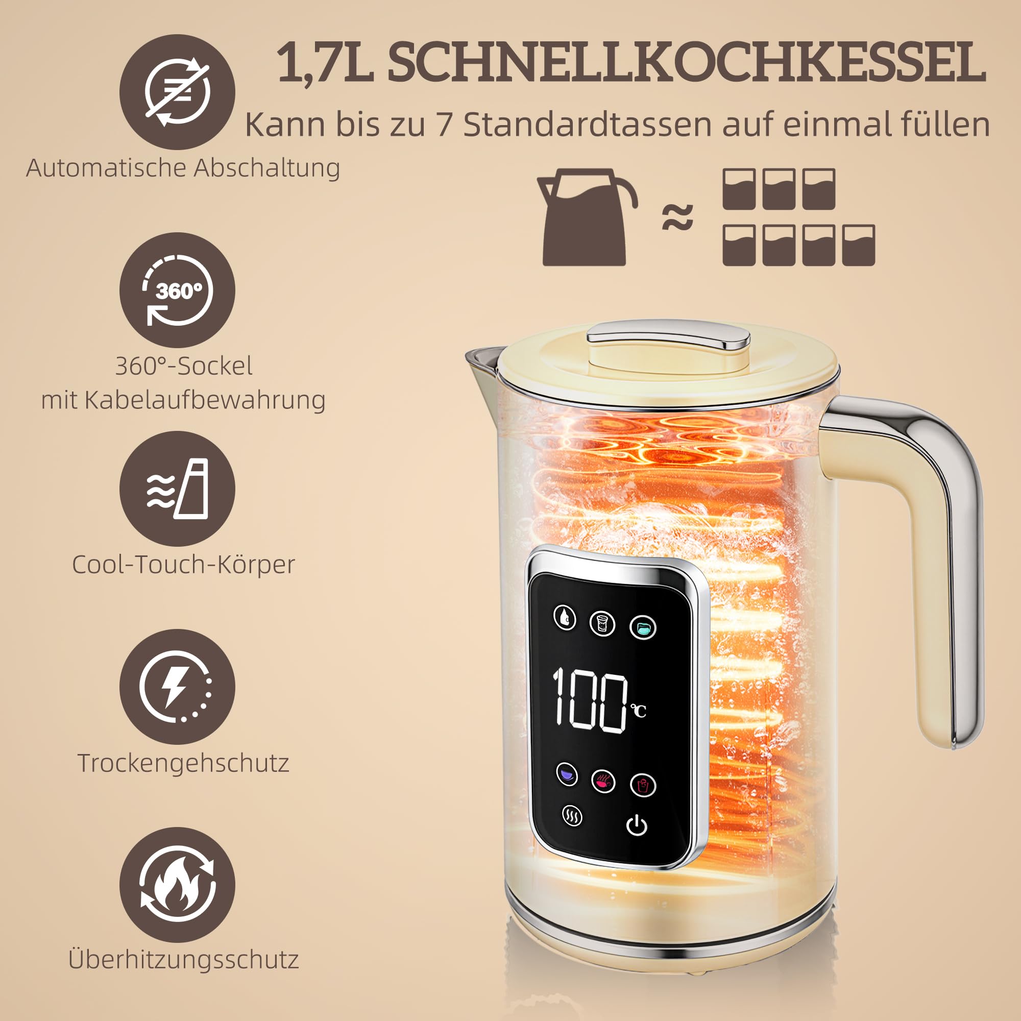 HOMCOM Wasserkocher Toaster Set 1,7L Edelstahl 2200W mit Memory-Funktion 55-90°C Warmhaltefunktion 2 Scheiben Toaster 6 Bräunungsstufen Creme