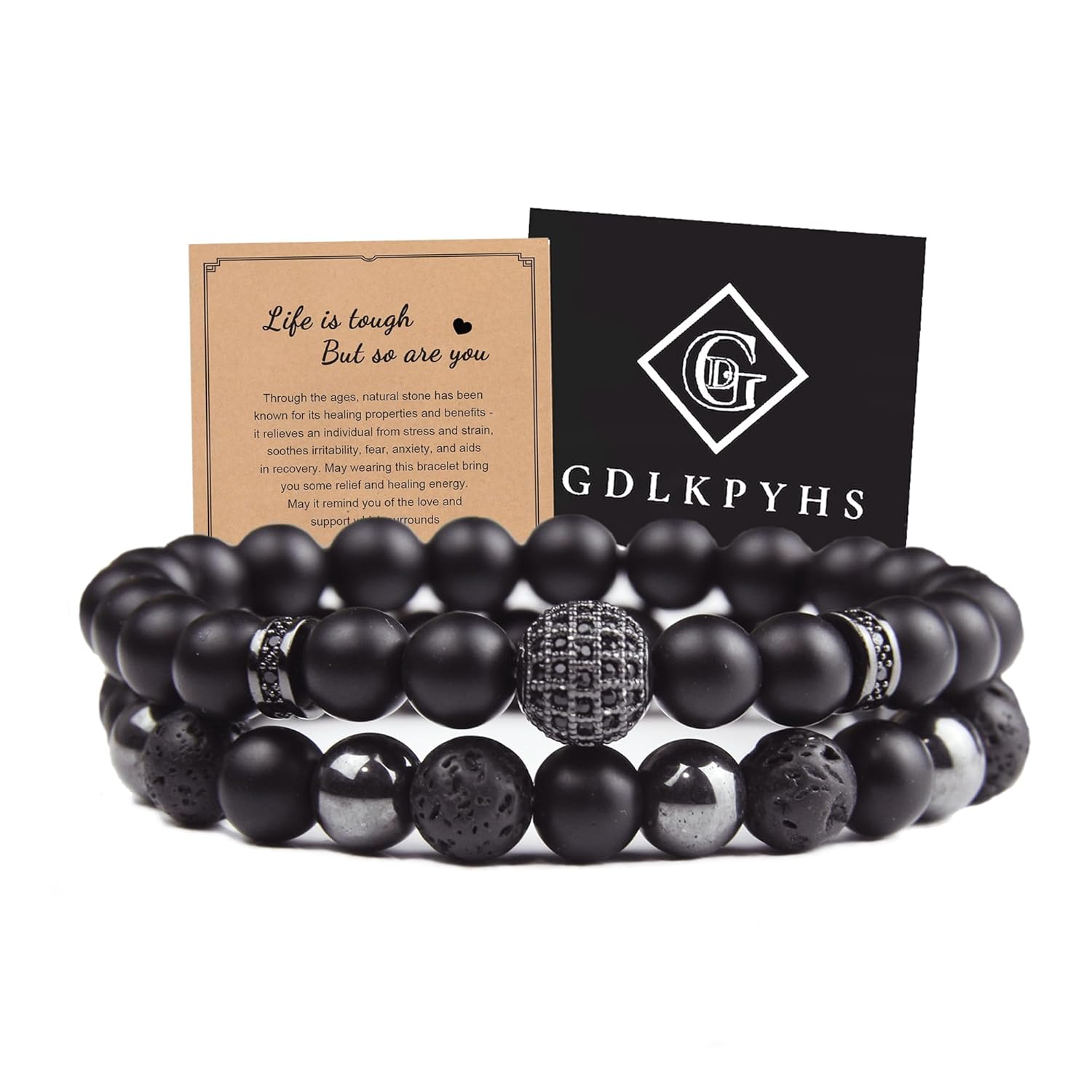 GDLKPYHS Black Obsidian Bracelet for Men - Black Tourmaline Beaded Bracelets - Mens Bracelet Set 8MM Black Onyx