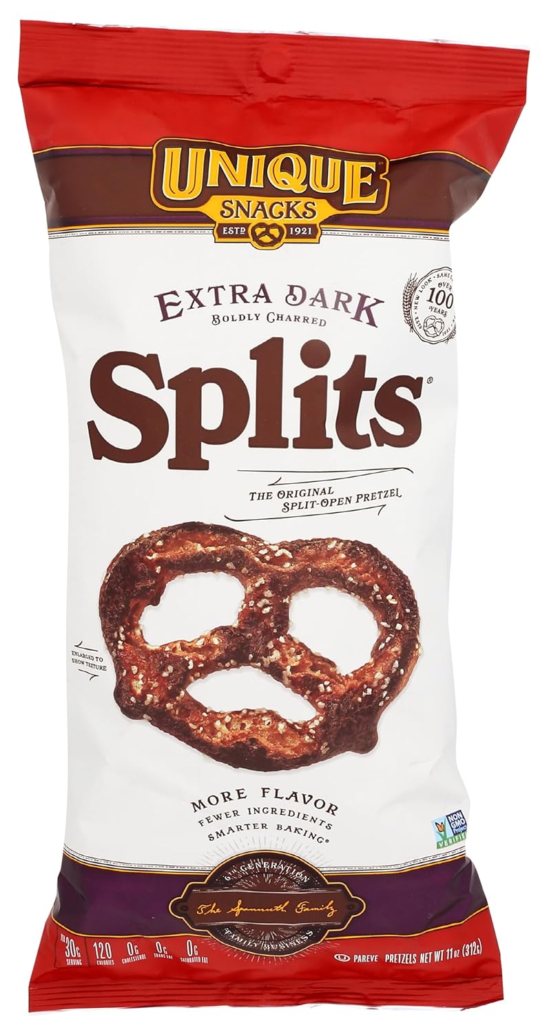 Unique Snacks Extra Dark Splits Pretzels: Original Split-Open Crunch, Kosher, Preservative-Free - 11 oz Bag