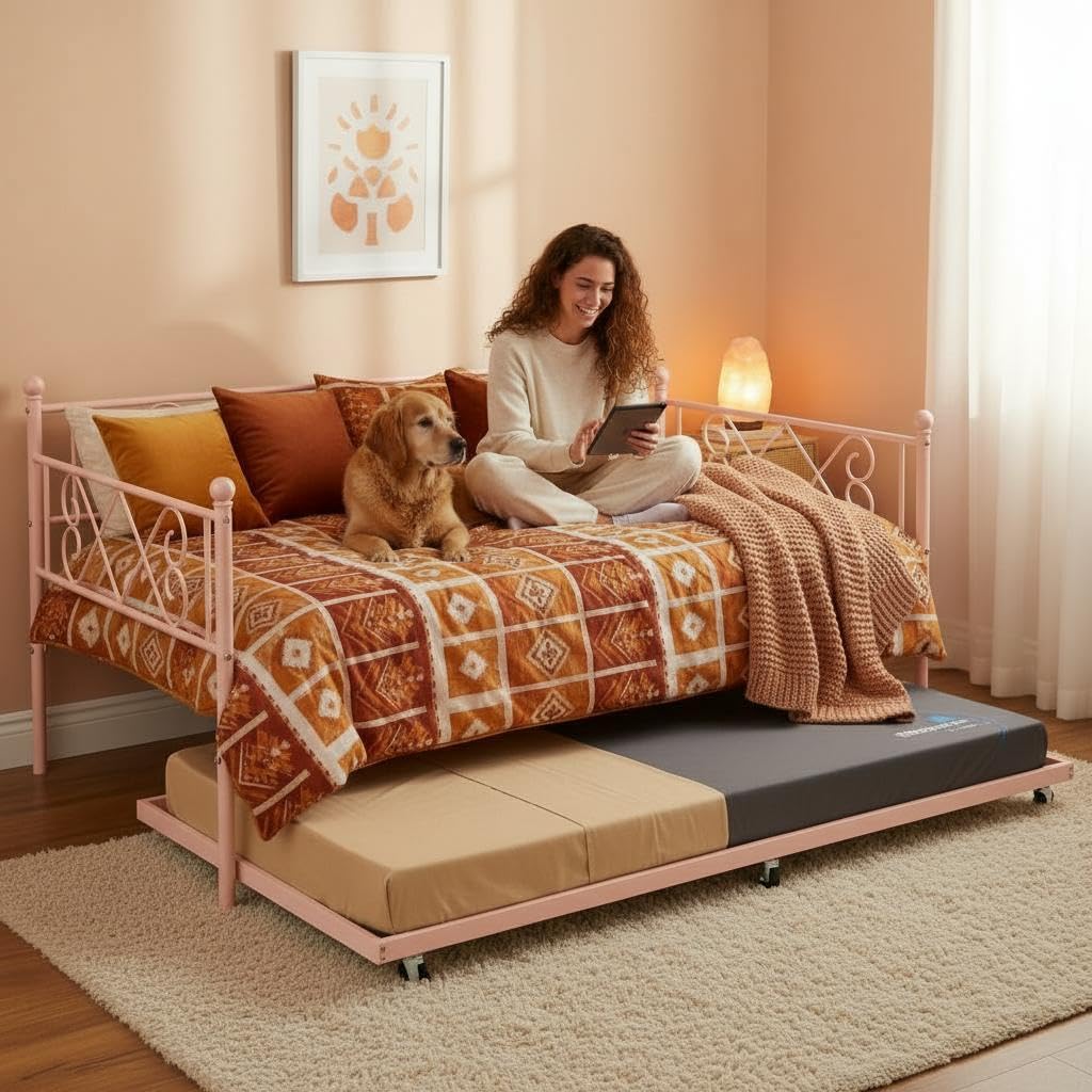 Garvee Daybed with Trundle, Trundle Bed Twin with Heart-Shaped Headboard, Sturdy Metal Sofa Bed, Heavy-Duty Metal Bed Frame Support, for Living Rooms, Bedrooms, and Guest Rooms, Easy Assembly, Pink