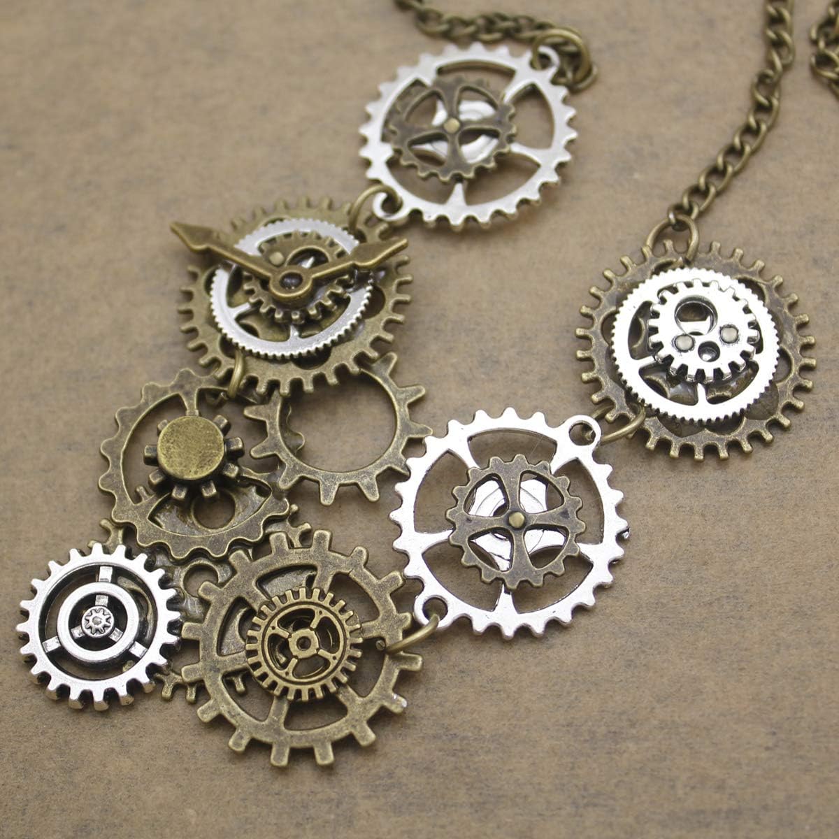 RechicGu Style A Watch Clock Clockwork Hand Gear Cog Steampunk Necklace Vintage Golden Color and Silver