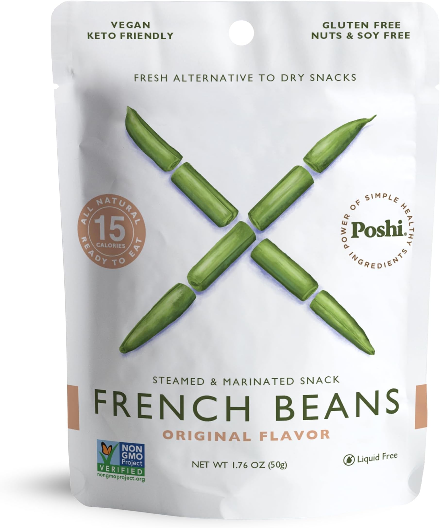 POSHI Marinated French Green Bean Snack Pack | Original Flavor | Keto, Vegan, Paleo, Non GMO, Low Carb + Calorie, Gluten Free, Fully Cooked Vegetables, Gourmet, Healthy, All Natural (10 Pack, 1.76 oz)