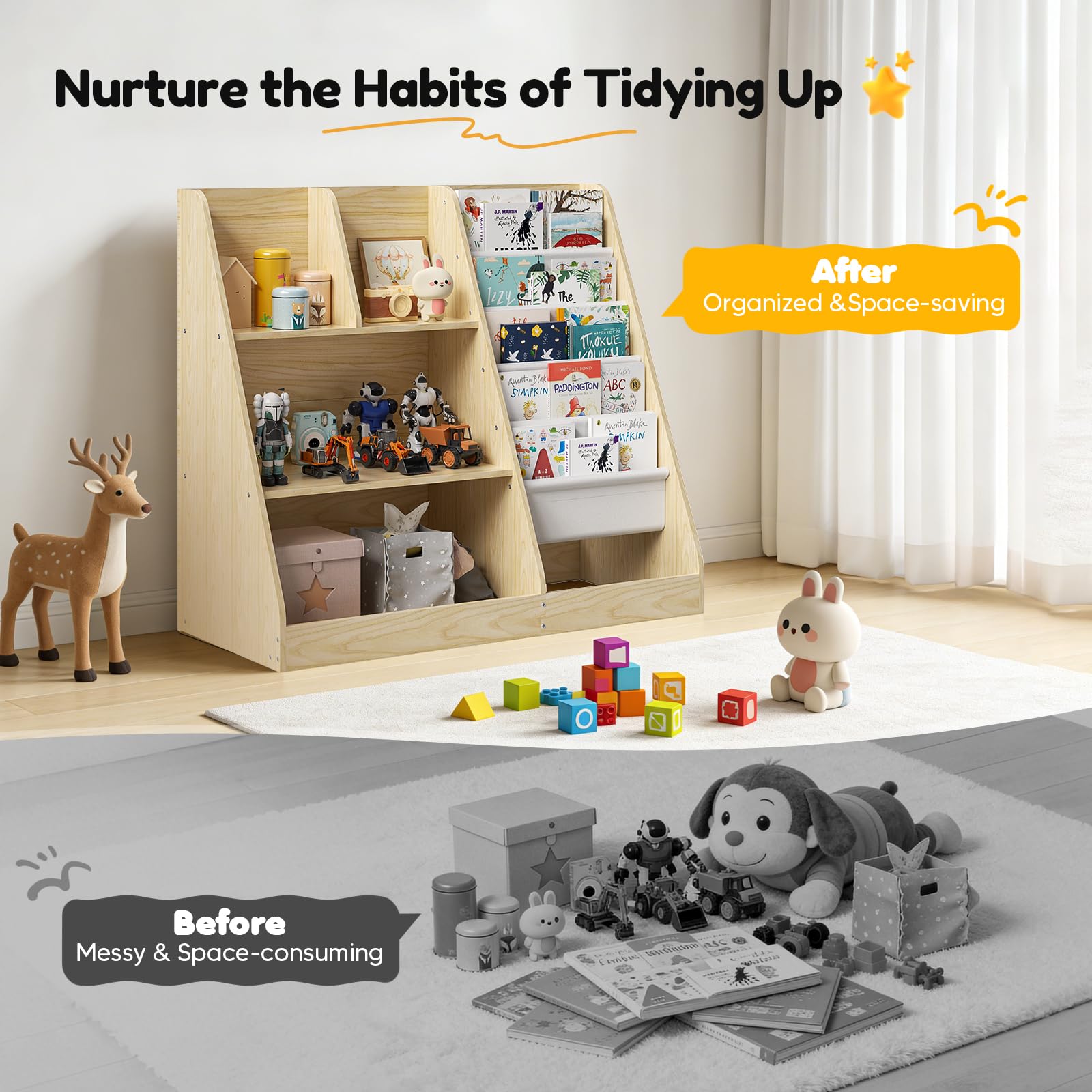 Libreria per bambini, a 5 ripiani, con 4 scomparti aperti, libreria in legno per bambini, camera da letto, sala giochi, aula e asilo nido