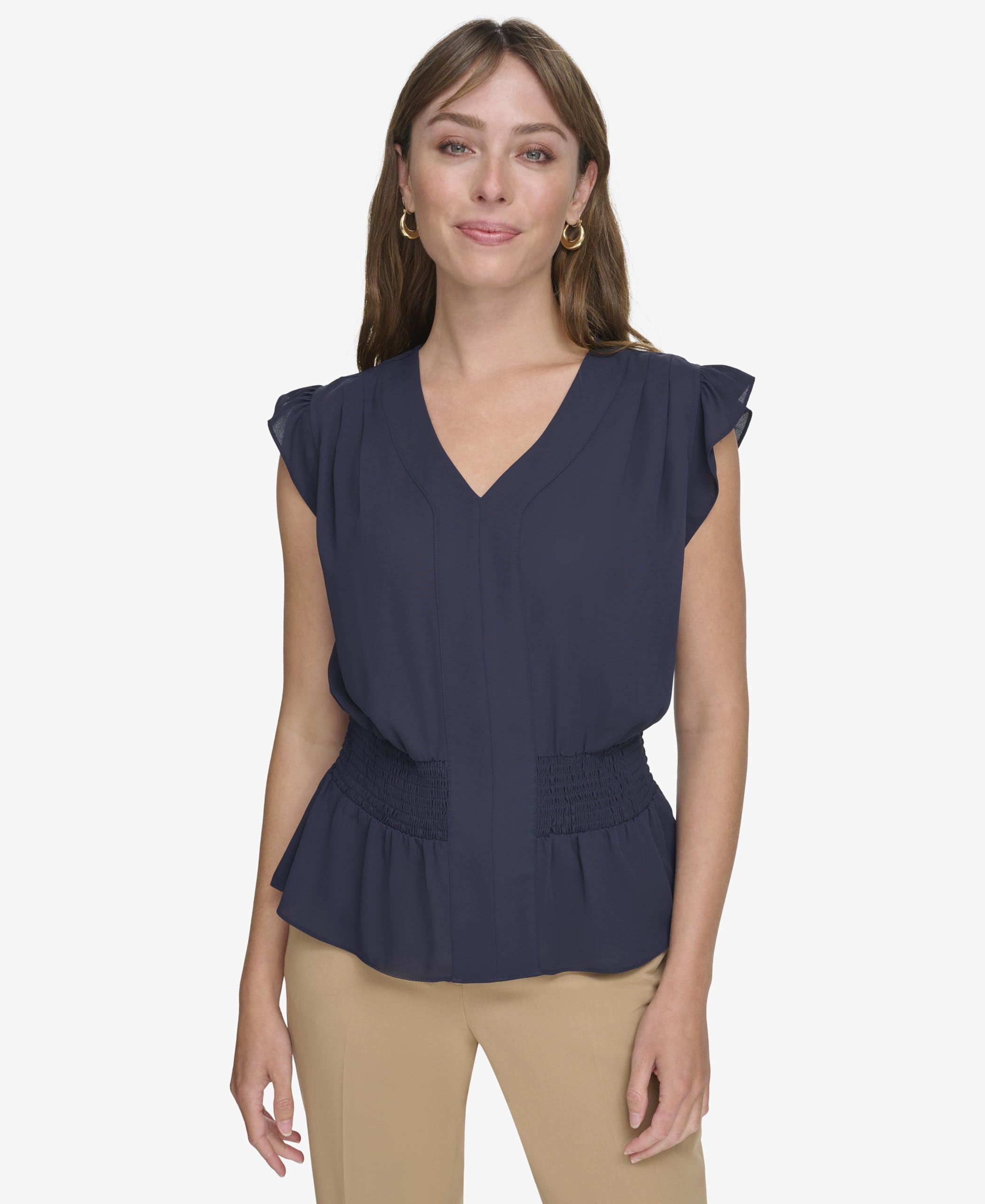 Tommy Hilfiger Damen Cap Sleeve Smocked Shirt Gesmoktes Hemd mit Flügelärmeln (1er Pack)