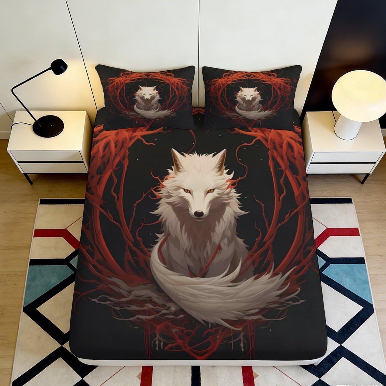 Pnayamiorkfel Style-2 3D Printed White Fox Fitted Sheet Microfiber Soft Bedroom Decor Red Branch Mattress Cover Dustproof 90X200x25cm