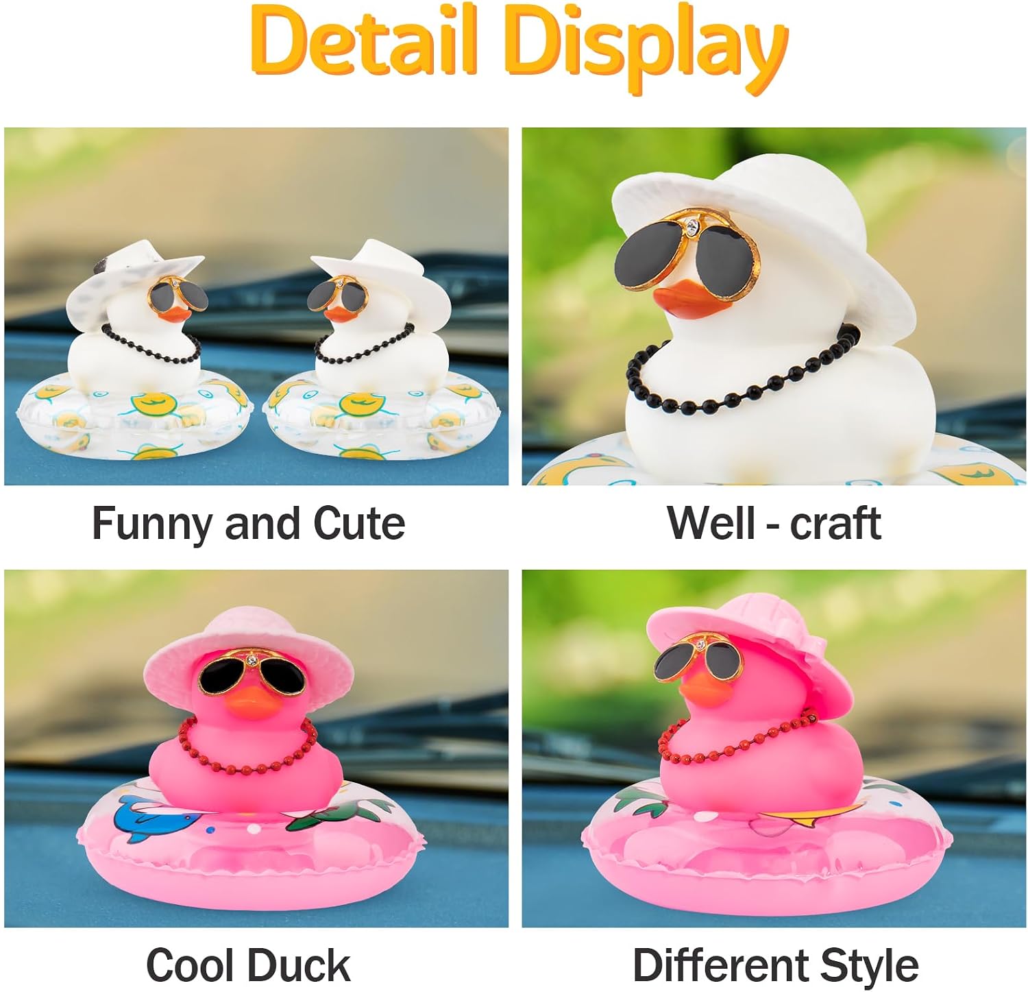 wonuu Rubber Duck Car Decorations Cute Car Accessories Dashboard Car Ornament with Cowboy Hat Swim Ring Colour Necklace and Sunglasses,H_White Black Necklace&Cowboy hat