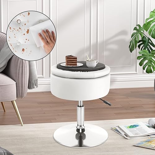 Miniatura 2 de Taburete de tocador con almacenamiento, silla de asiento de maquillaje, altura ajustable de 17.9 a 24.4 pulgadas, silla de tocador redonda de piel