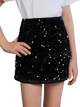 Girls Sequin Skirt High Waist Sparkly Glitter Mini Pencil Skirts Dress