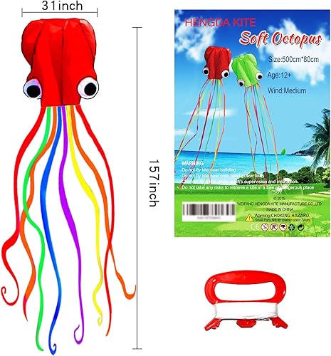 Vista 37 de Hengda Kite Soft Octopus Kite Series, Beautiful Kite with Long Colorful Tail for Kids and Adults, Easy to Fly Beach Kites, Excellent Outdoor