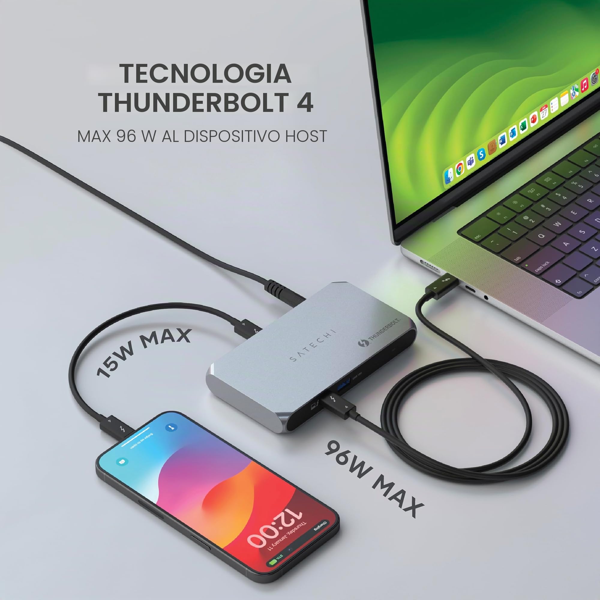SATECHI Docking Station 6 in 1 Thunderbolt 4 Slim Hub Pro, PD 96W | 8K singolo o doppio 4K, 4 porte Thunderbolt 4 a 40 Gbps, USB 3.2 Gen2, per laptop Mac e Windows