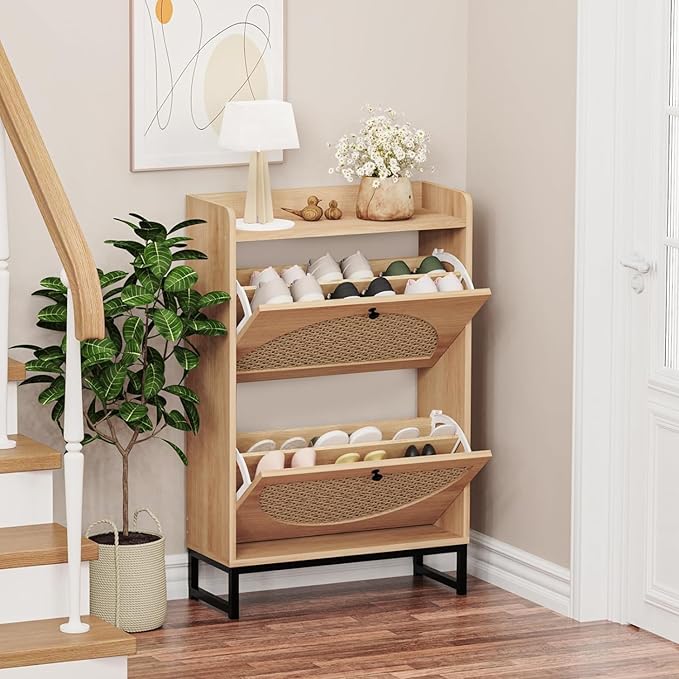 KFO Shoe Cabinet with 2 Handmade Natural Rattan Flip Drawers, Entryway Shoe Rack Storage Organizer for Sneakers, Leather Shoes, Slippers, Free Standing Shoe Racks……