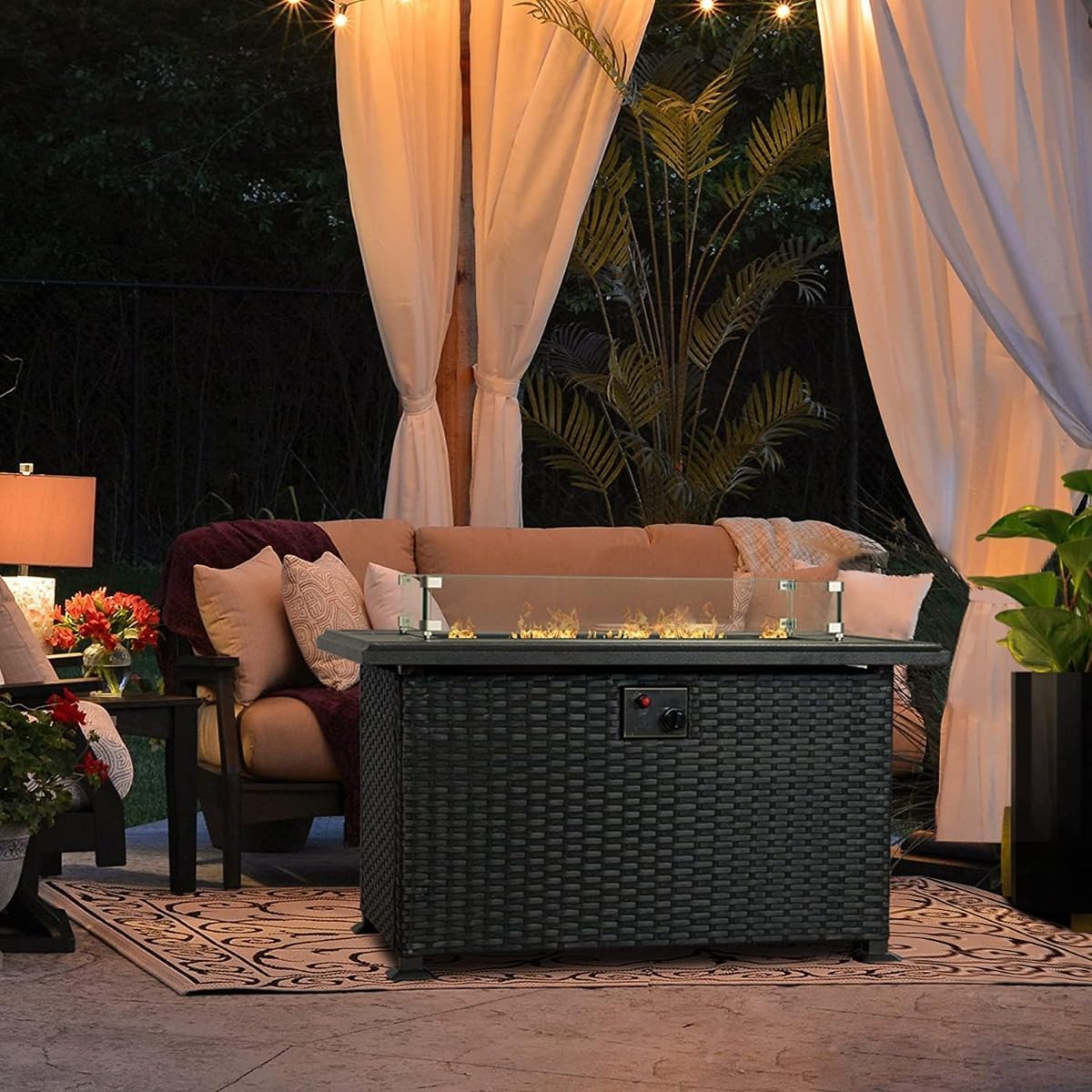 Kozyard Outdoor Patio Propane Gas Fire Pit Table - 50,000 BTU Wicker Design with Aluminum Tabletop, Glass Wind Guard, Clear Glass Rocks Slide Out Tank Holder - Ideal Patio Fire Table (Brown)