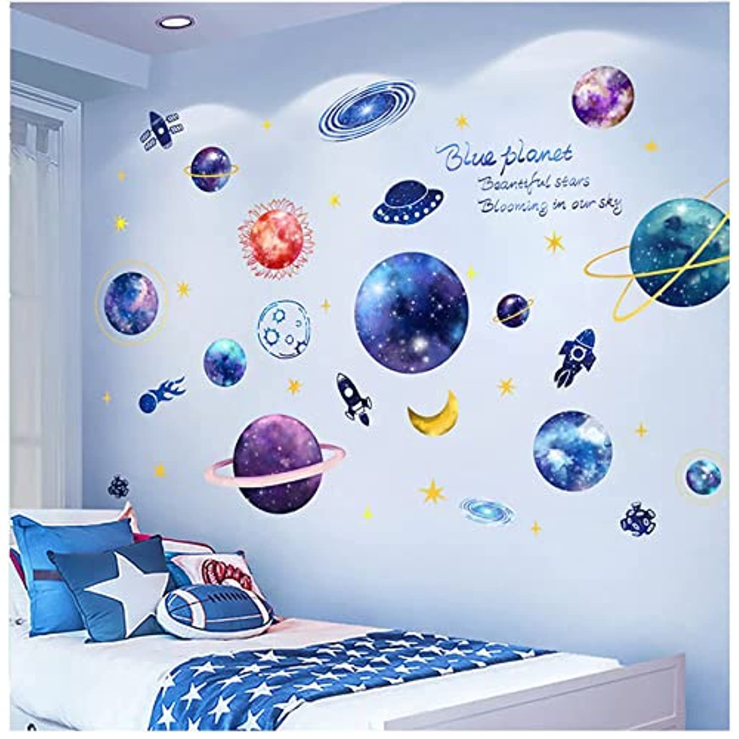 Quanhaigou Blue Purple Galaxy Wall Decals, Removable Sticker,The Art Magic 3D Milky Way Cosmic Stars Spacecraft Dreamscape Home Decor for Bedroom