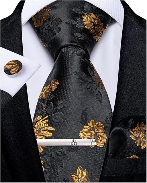 DiBanGu Men's Necktie Handkerchief Silk Paisley Floral Tie Pocket Square Cufflinks Tie Clip Set