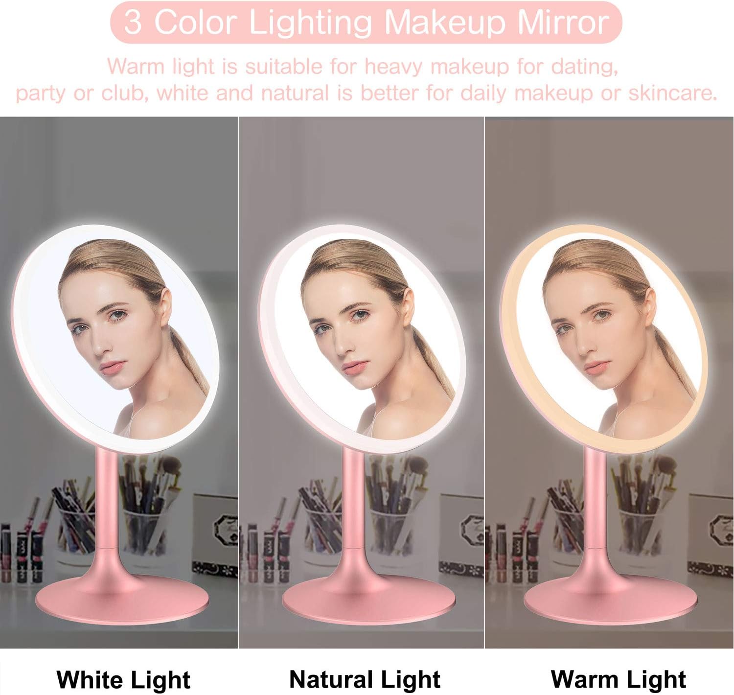 BABYLTRL 9" Makeup Mirror Vanity Mirror with Lights, 3 Color Lighting Modes 70 LED Lighted Mirror, 1X/5X Magnification, Touch Screen Switch, 90 Degree Rotation, Portable Cosmetic Lighted Up Mirror