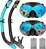 Jwintee 2 Pack Adult Snorkel Mask & Dry Snorkel Set - Tempered Glass 180° Panoramic View, Anti-Fog Leak-Proof, Food-Grade Silicone for Diving & Freediving