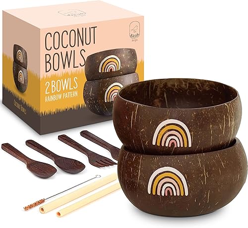 Juego de 2 cuencos de coco  Cuencos de madera con diseño de arco iris con pajitas de bambú, tenedores de madera y 2 cucharas  Cuenco de concha de