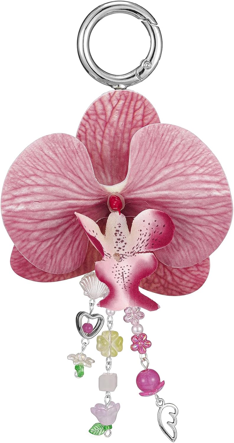 Orchid Flower Keychain,Cute Flower Bag Charms,Good Lucky Hawaiian Tropical Keyring Decor Beach Accessorie Gifts