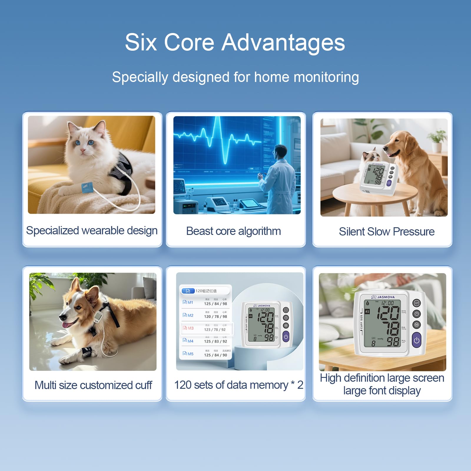 Monitor de presión arterial para mascotas portátil para perros y gatos, dispositivo oscilométrico de monitoreo del hogar con correa ajustable en el pecho, puños multitamaño, 240 juegos de memoria para