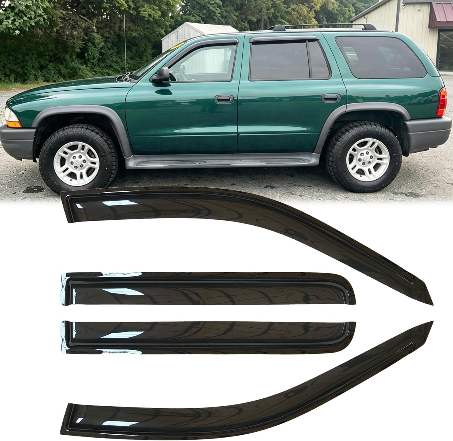 4pcs Original Shatterproof Outside Mount Style Side Window Visor Deflector Rain Guard Dark Smoke Vent Window Visors for 98-03 Durango 00-04 Dakota Crew Cab (Aka Quad) Which Has 4 Full Doors 94119