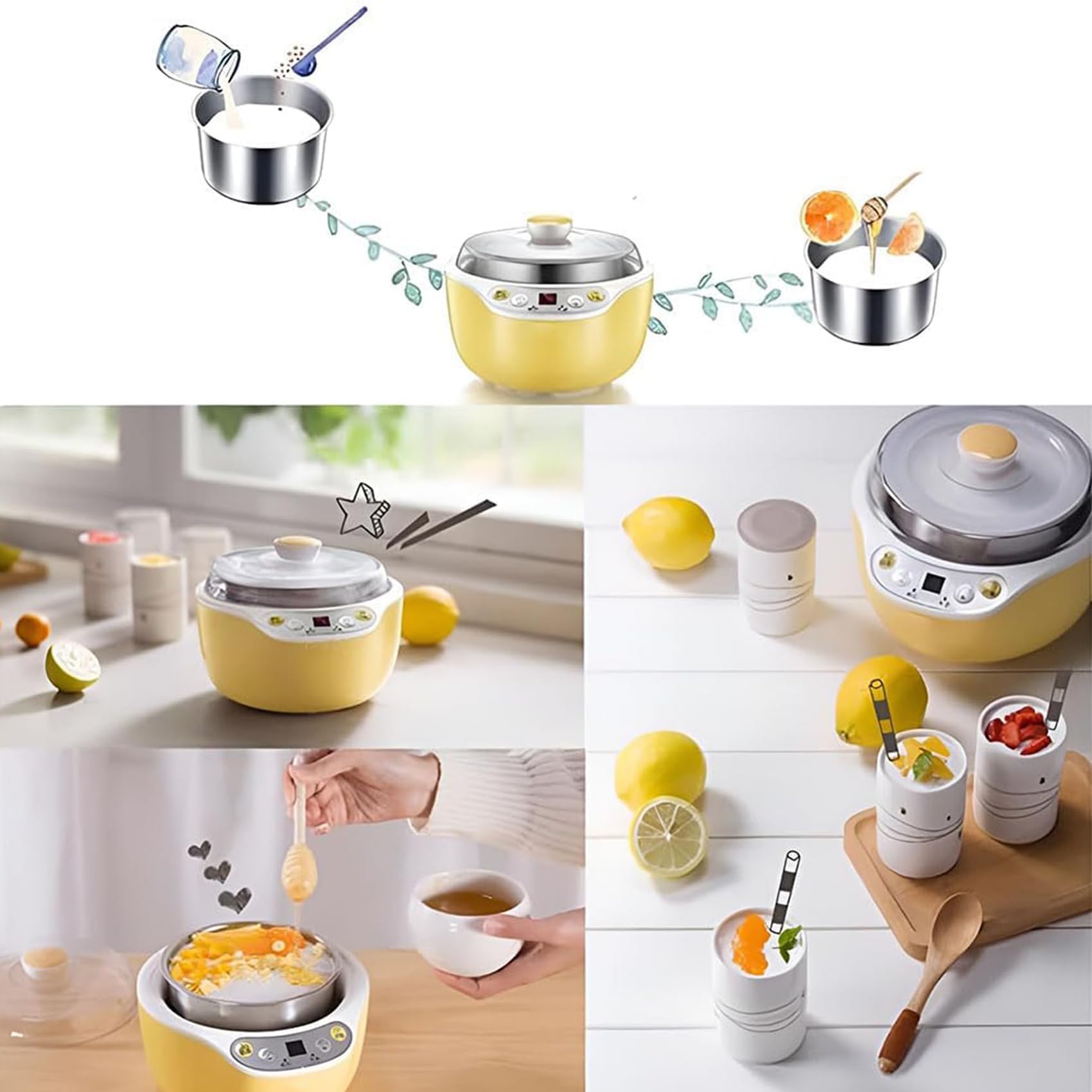 Maszynka do jogurtu 220 V, automatyczna maszyna do przygotowywania jogurtu 1 l, probiotyczny ekspres do jogurtu z 4 ceramicznymi kubkami 200 ml, fermentacja termostatyczna