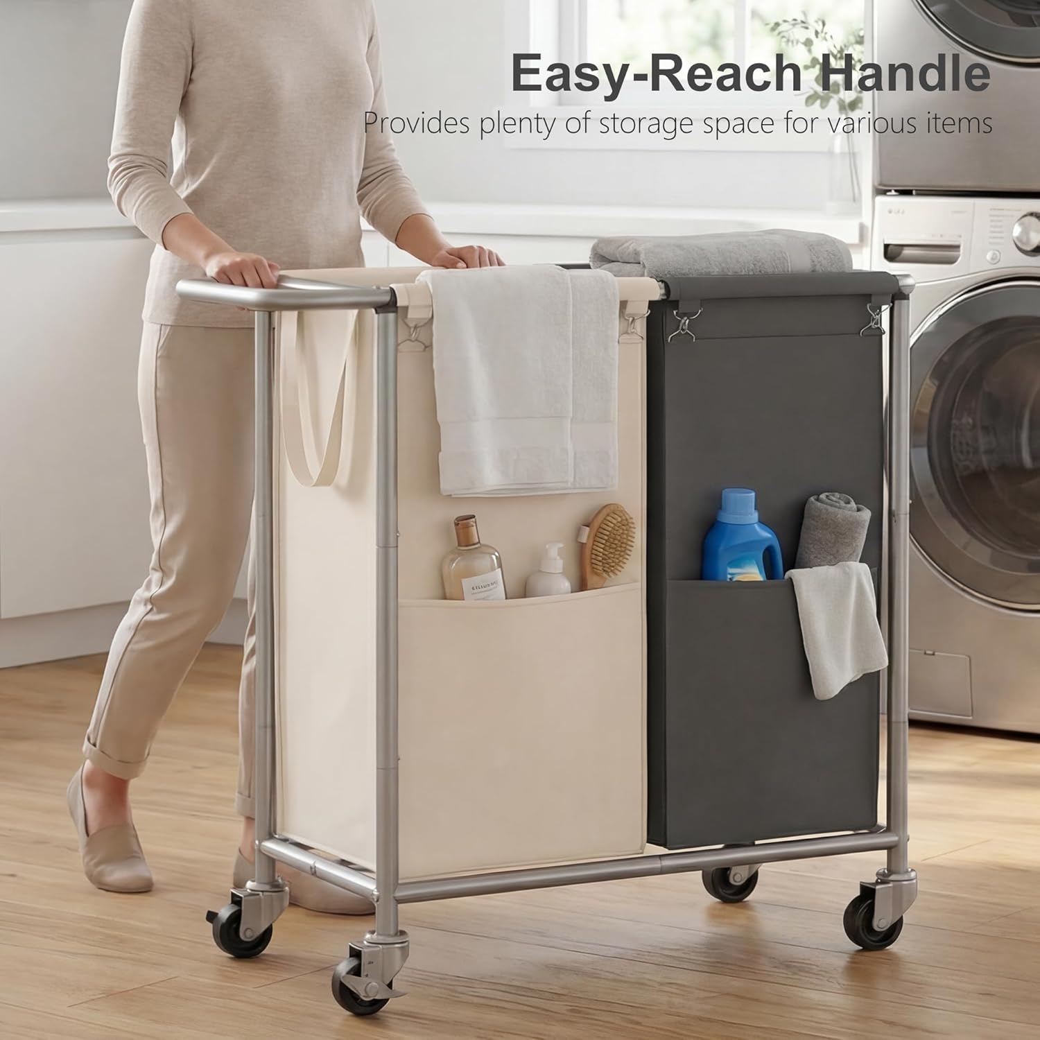 Heybly 2-Section Laundry Sorter Hamper,Rolling Laundry Hamper with Removable Bags – Heavy-Duty Laundry Sorter Cart with Wheels for Dirty Clothes, 29.1 x 15.4 x 33.1 Inches,HLH023P02