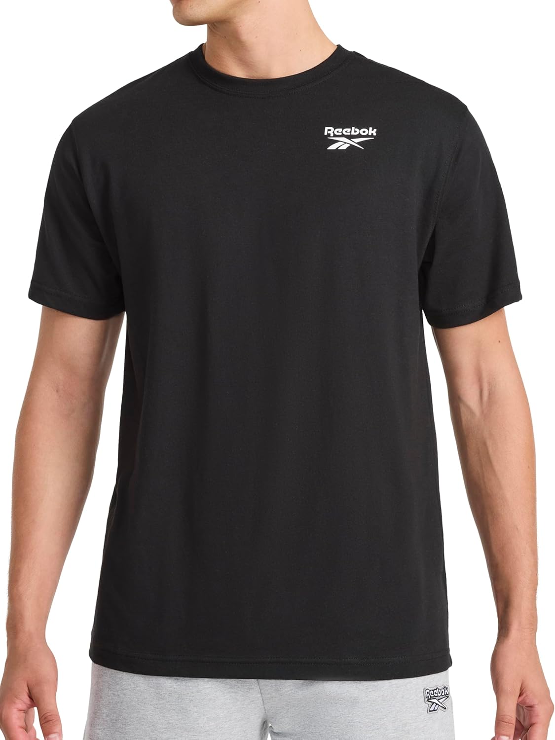 Reebok Mens Small Logo Crewneck T-Shirt, Standard Fit, Lightweight Cotton-Poly Jersey Fabric