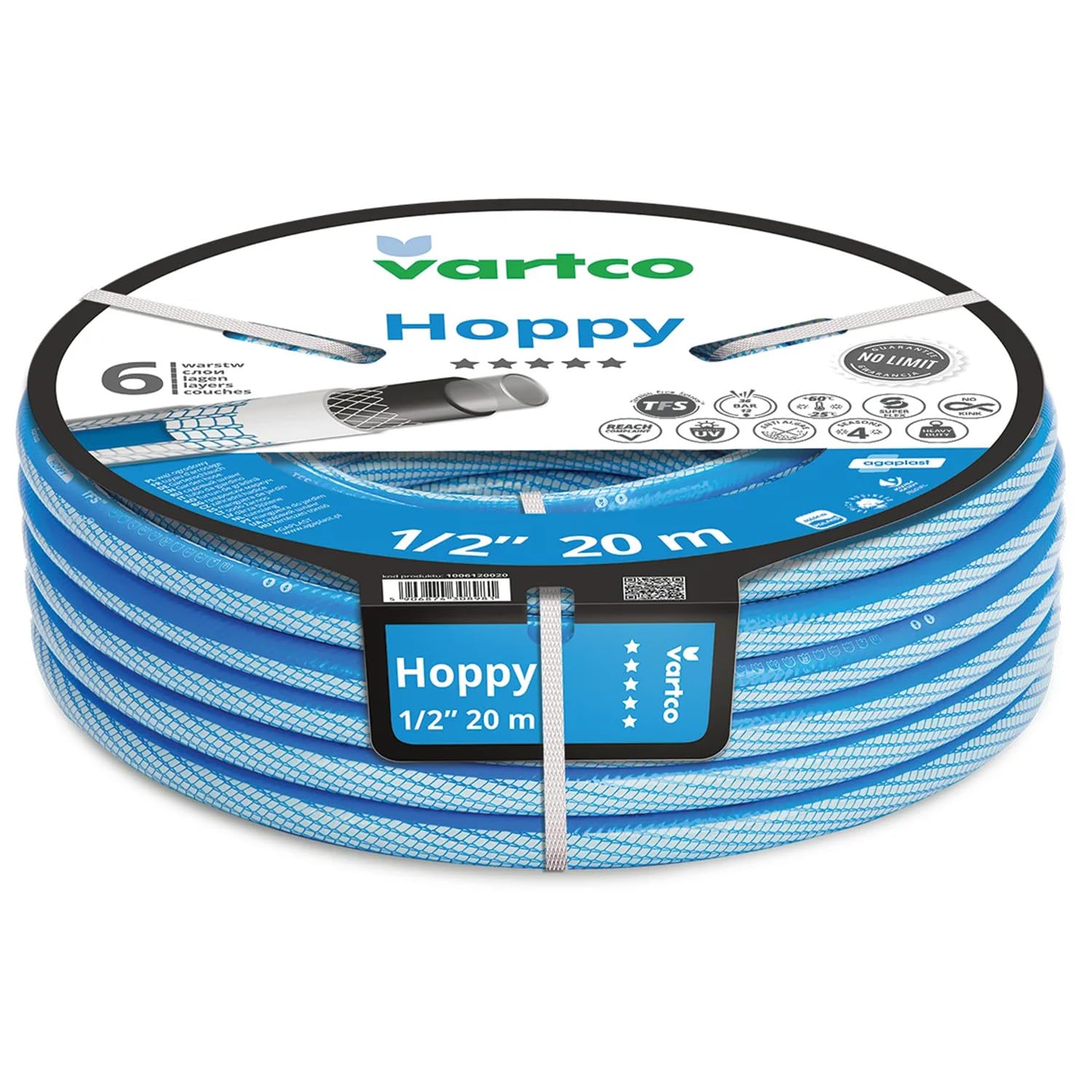 Vartco Hoppy 6-Layer Water Hose, Drinking Water Hose, Anti-Twist Garden Hose, Garden Irrigation, Flexible Flexible Hose, UV Resistant, 36 Bar (1/2 Inch 20m)