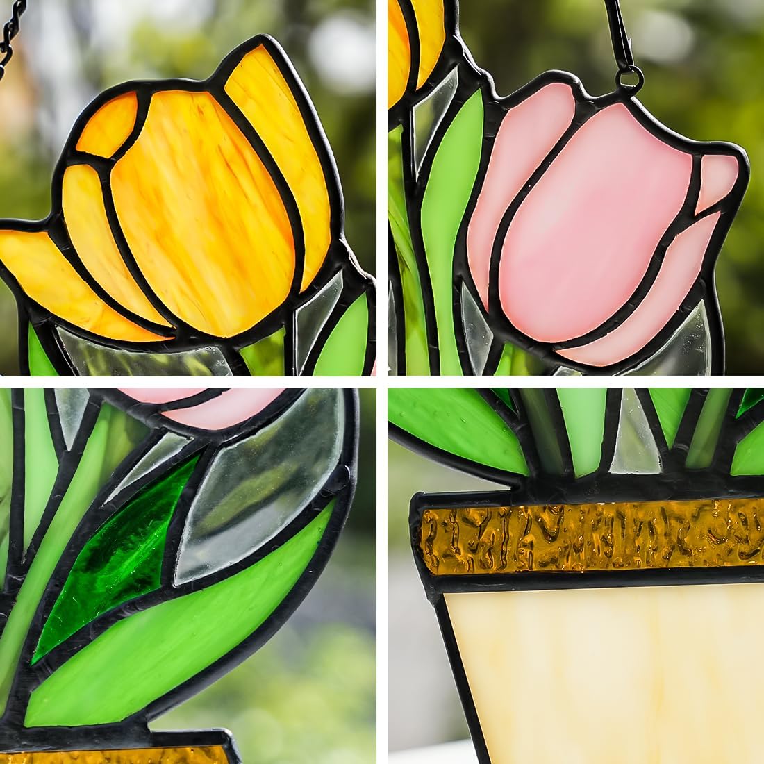 Tulip Flower Decor Stained Glass Window Hangings,Flower Gifts for Women Mom Stained Glass Suncatcher,Handmade Floral Glass Suncatcher for Livingroom Bedroom Kitchen