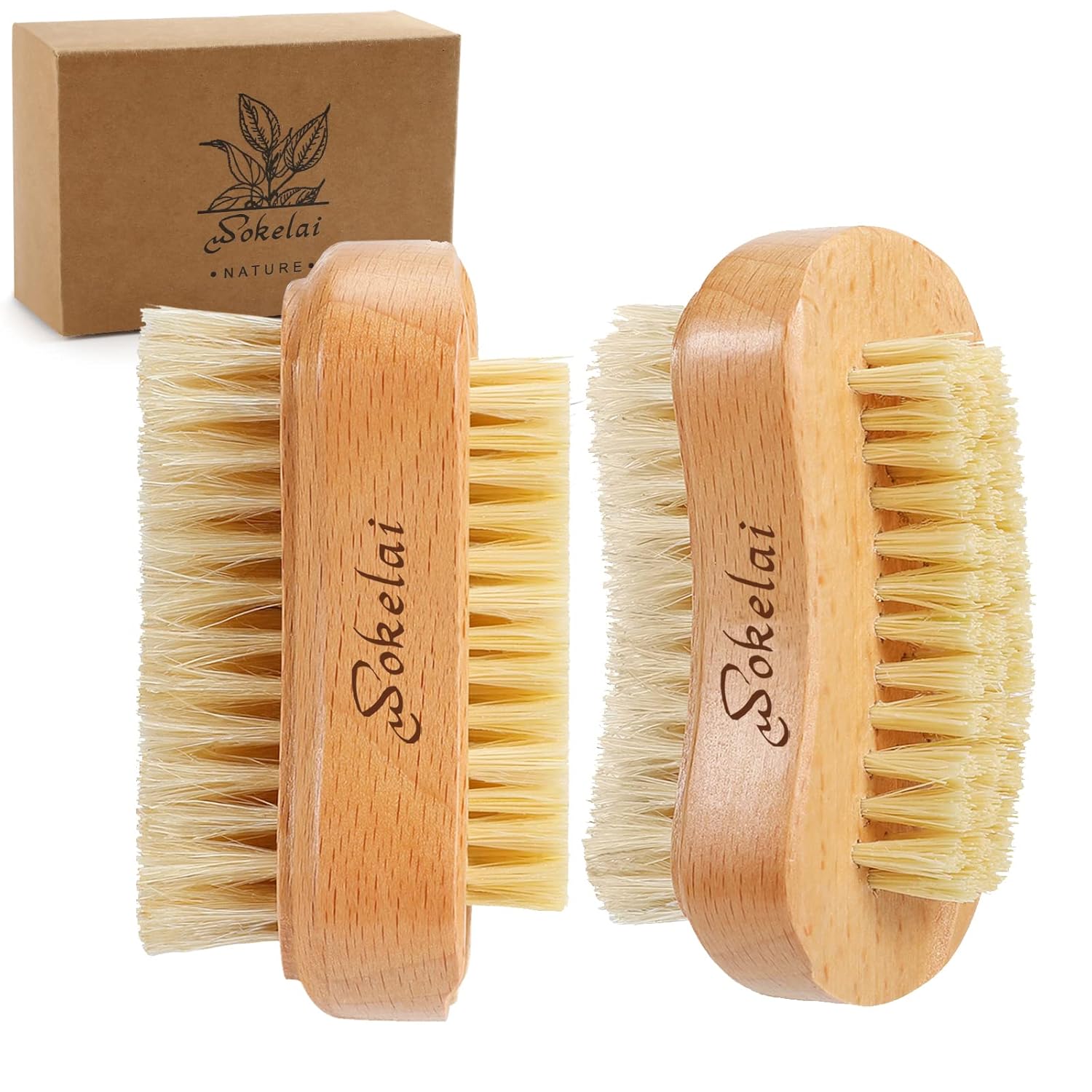 Wokelai 2-Pack Wooden Nail Brushes with Natural Boar & Sisal Bristles - Two-Sided Fingernail Toenail Scrubbers for Manicure Pedicure
