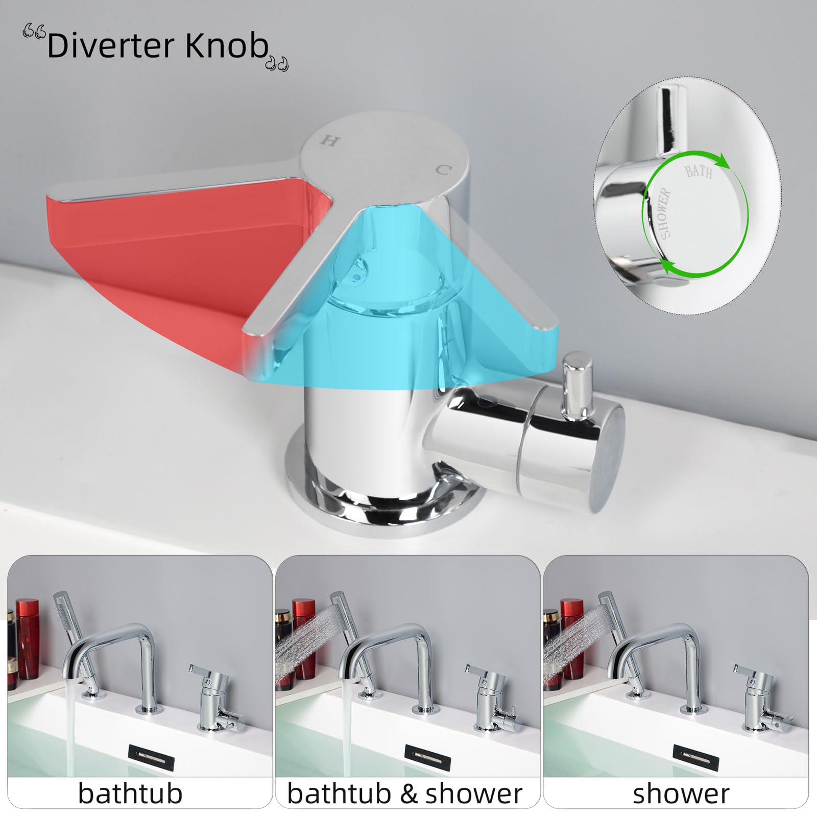 Rubinetto per Vasca 3 Fori, Rubinetto per Bordo Vasca con Girevole a 360°, Miscelatore per Vasca da Bagno con Doccetta, Cromo, 11Y1OK