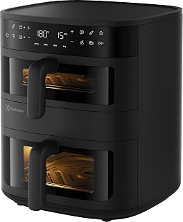Electrolux Air Fryer 800 EAFD11B, 11L, Doppelschublade Dual Zone, Sync Finish & Link Cook, vertikales Design, platzsparend, mit Fenstern, 8 Programme, 60-200°C, 2700W, spülmaschinengeeignet, Schwarz
