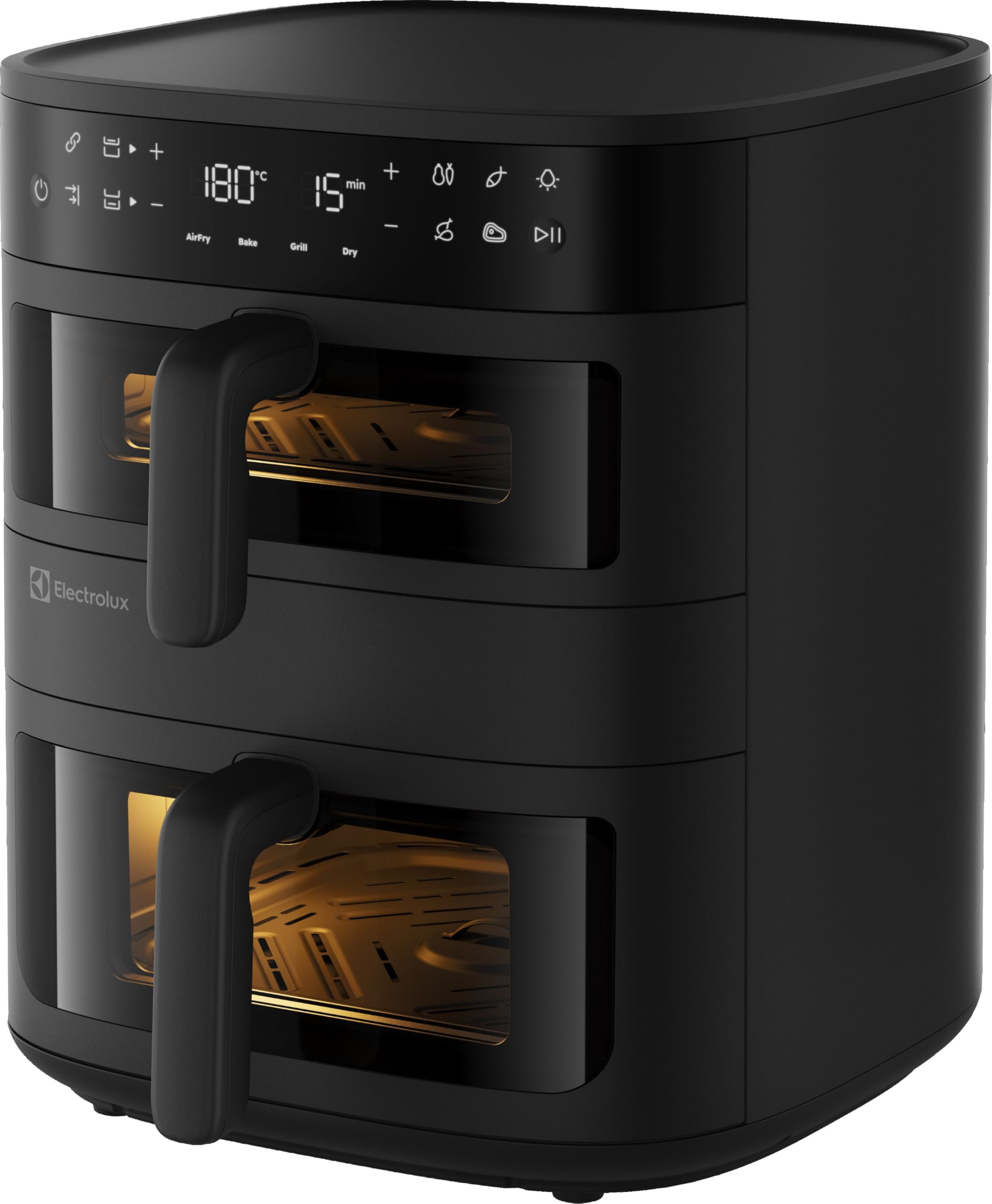 Electrolux Air Fryer 800 EAFD11B, 11L, Doppio Cassetto Dual Zone, Sync Finish & Link Cook, Design Verticale Salvaspazio con Finestre, 8 Programmi, 60-200°C, 2700W, Compatibile Lavastoviglie, Nero