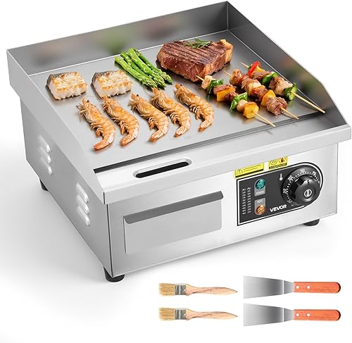 Miniatura 11 de VEVOR Plancha eléctrica comercial, 21 x 11.8 pulgadas, 1750 W, control de temperatura ajustable de 122-570 °F, parrilla superior plana de acero