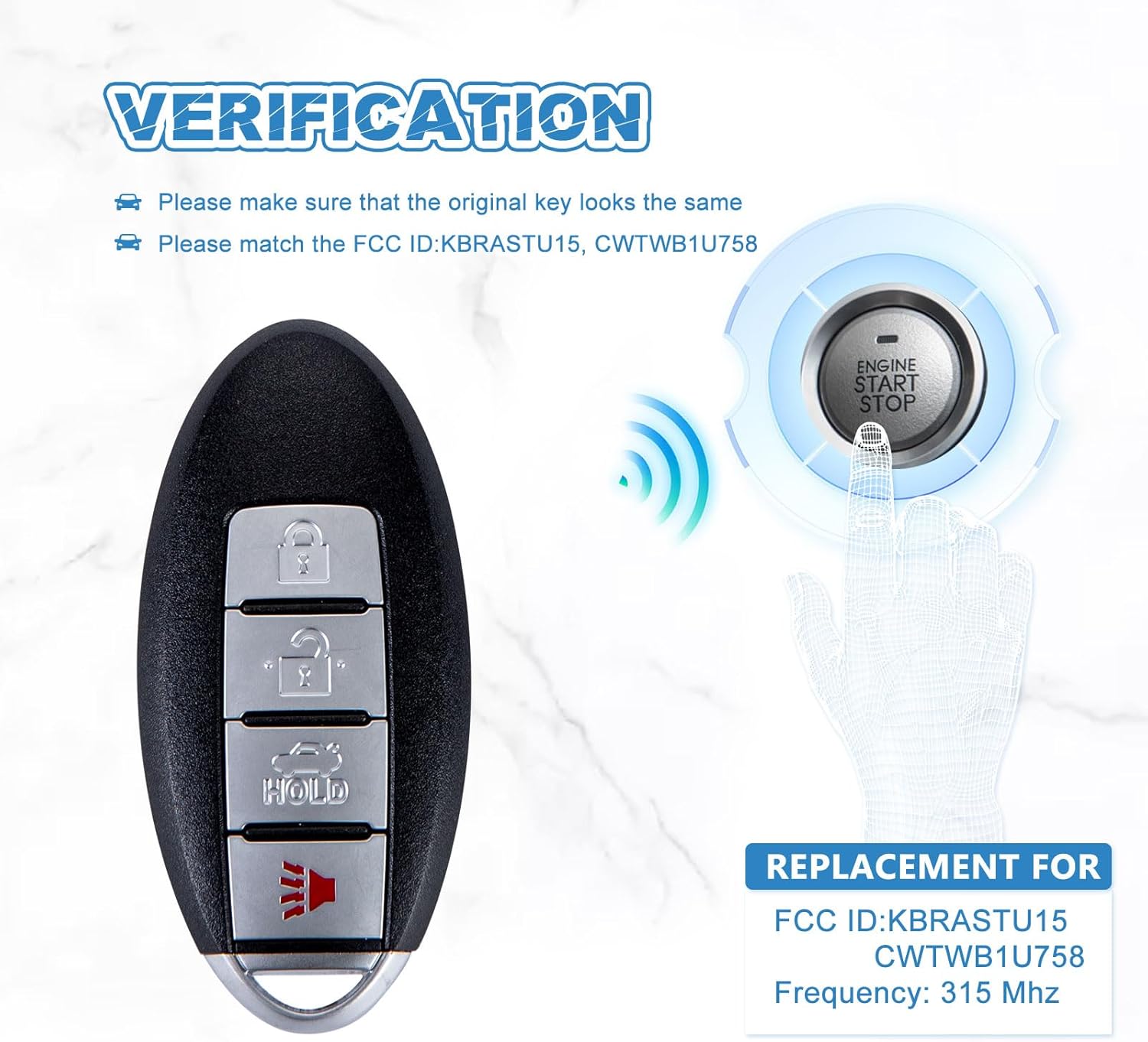 Key Fob Replacement Compatible for 2007 2008 2009 2010 2011 2012 Nissan Sentra Smart Key Car Keyless Entry Remote Control Remote Start KBRASTU15 CWTWB1U758 (Pair)