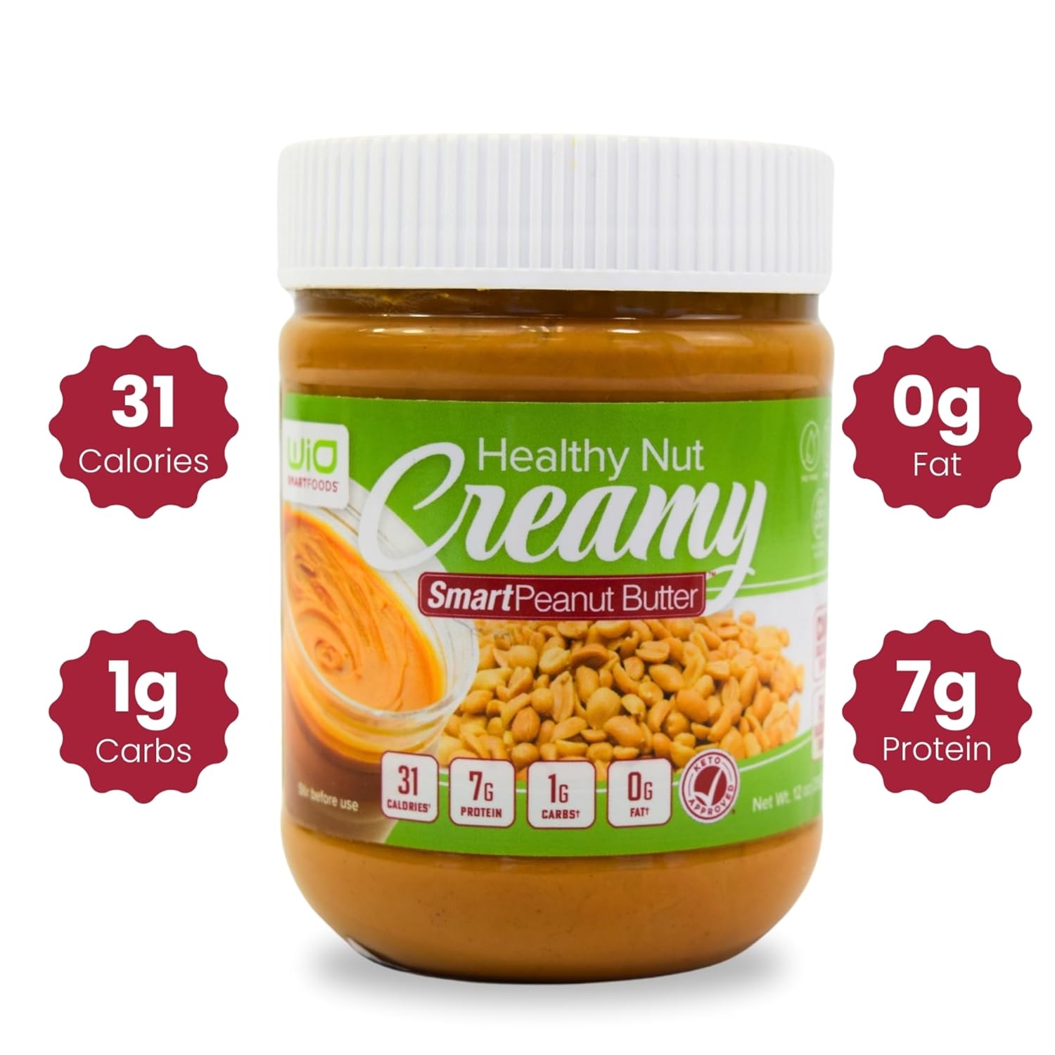WiO SmartFoods™ Peanut Butter (Pack of 2, 12oz) - Creamy Peanut Butter for Low-Carb and Keto Diets - Sugar-Free Creamy Spread for Family and Friends, Great for Picnics, Snacks, and Holidays
