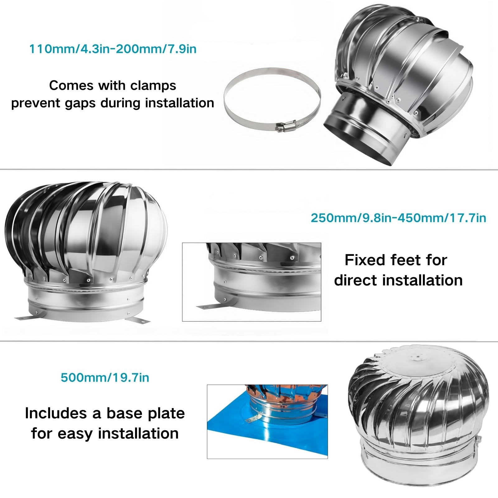 6 pollici Cappello per camino, acciaio inox 304 Cappello rotante per camino, 4in 8in 10in 12in 16in 20in Spinner Anti Downdraught Top, rotondo Impermeabile Ventilazione copertura, per Stufa a legna(