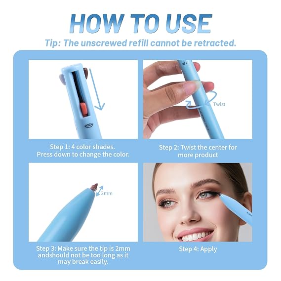4 in 1 Multi-Functional Makeup Pen - 4 Colors All in One Makeup Pen,with Eyeliner Eyebrow Lip Liner Highlighter,Waterproof Long Lasting Touch Up Pencil
