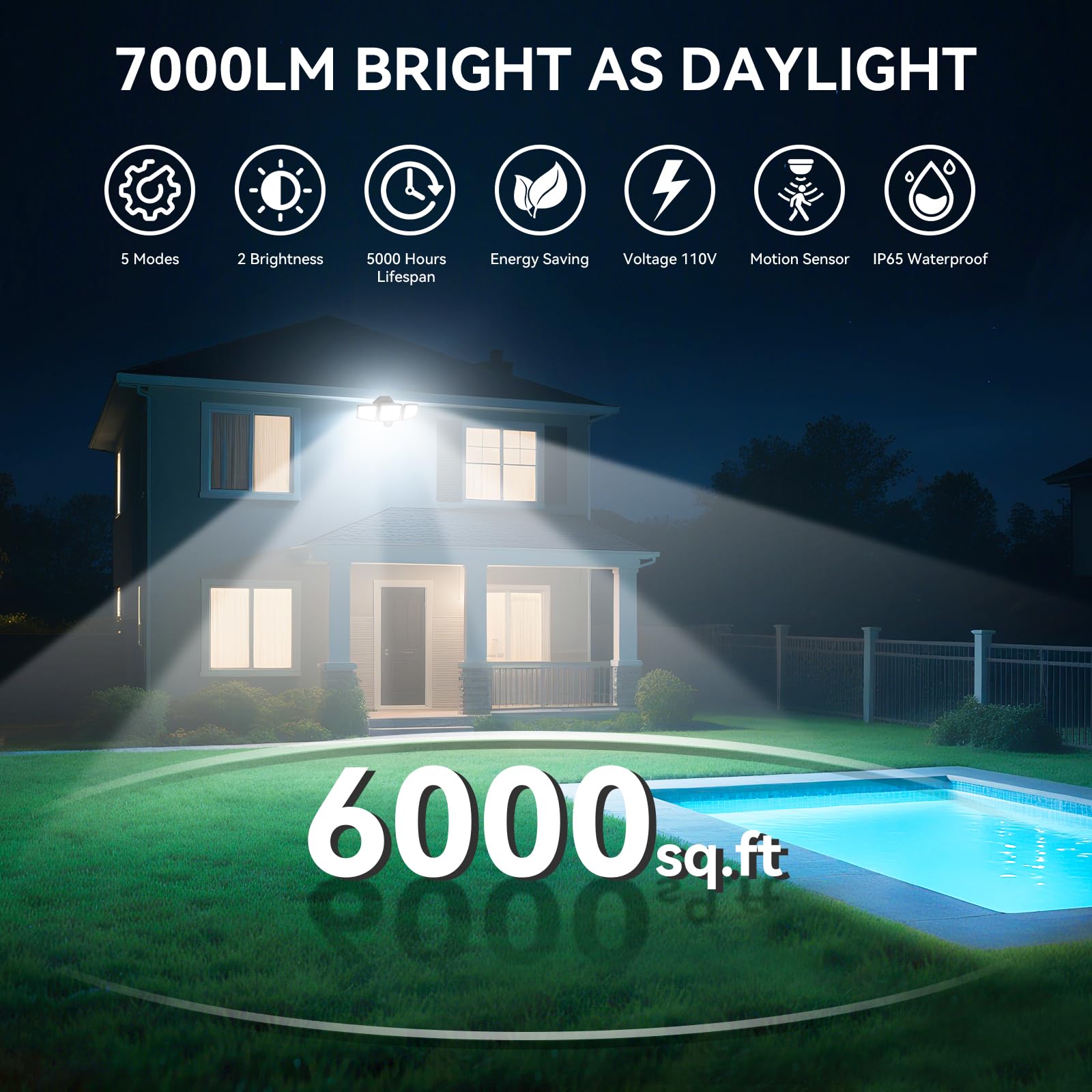 Luces de inundación de 60 W, 6000 lm, luz LED de inundación controlada por interruptor para exteriores, IP65, impermeable, con 3 cabezales ajustables