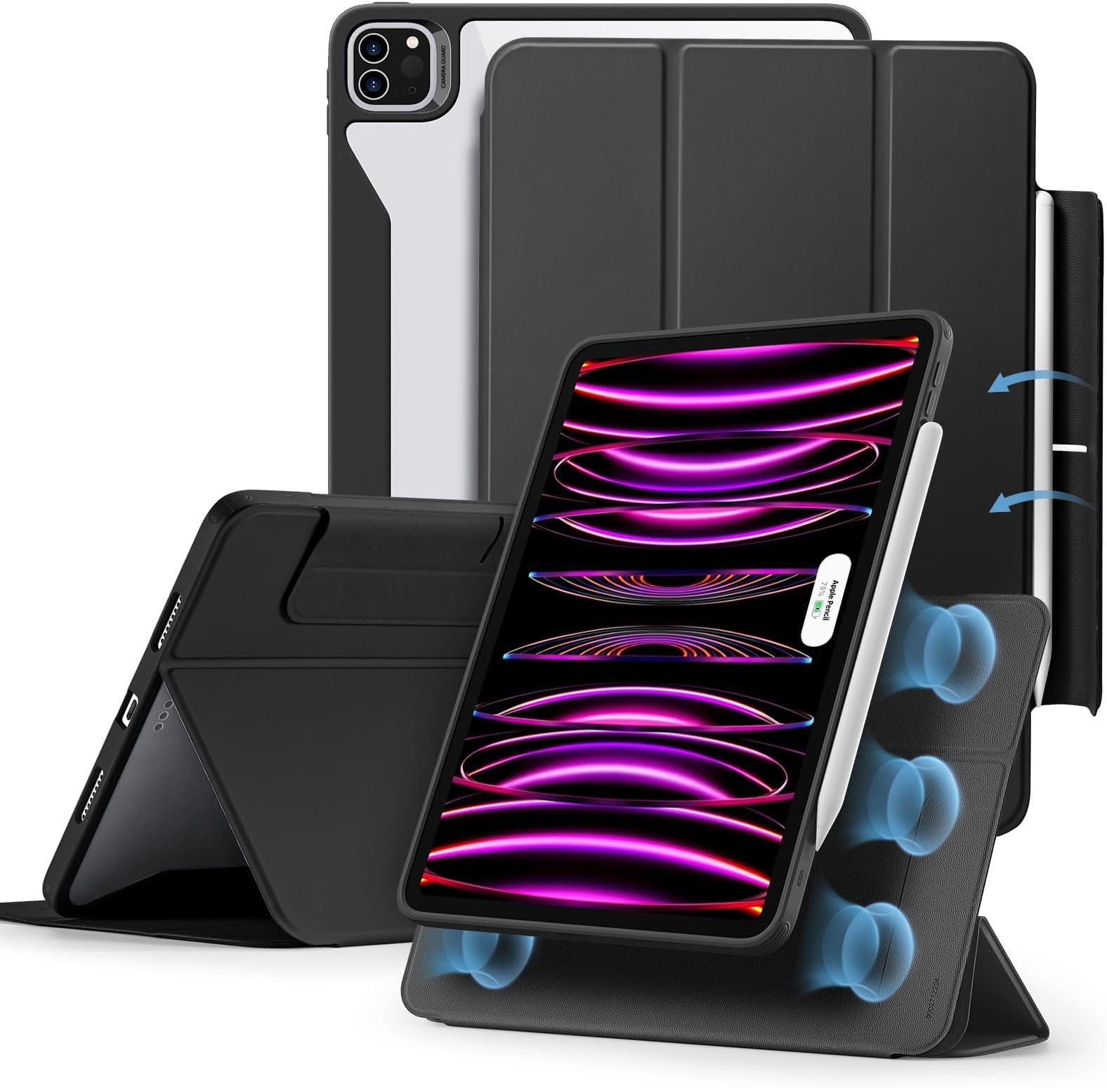 for iPad Pro 12.9 Case, iPad 12.9 Pro Folio Case (2022/2021, 6th/5th Generation) with Pencil Holder, Detachable Magnetic Cover, Vertical Stand, Rebound 360 Series, Black