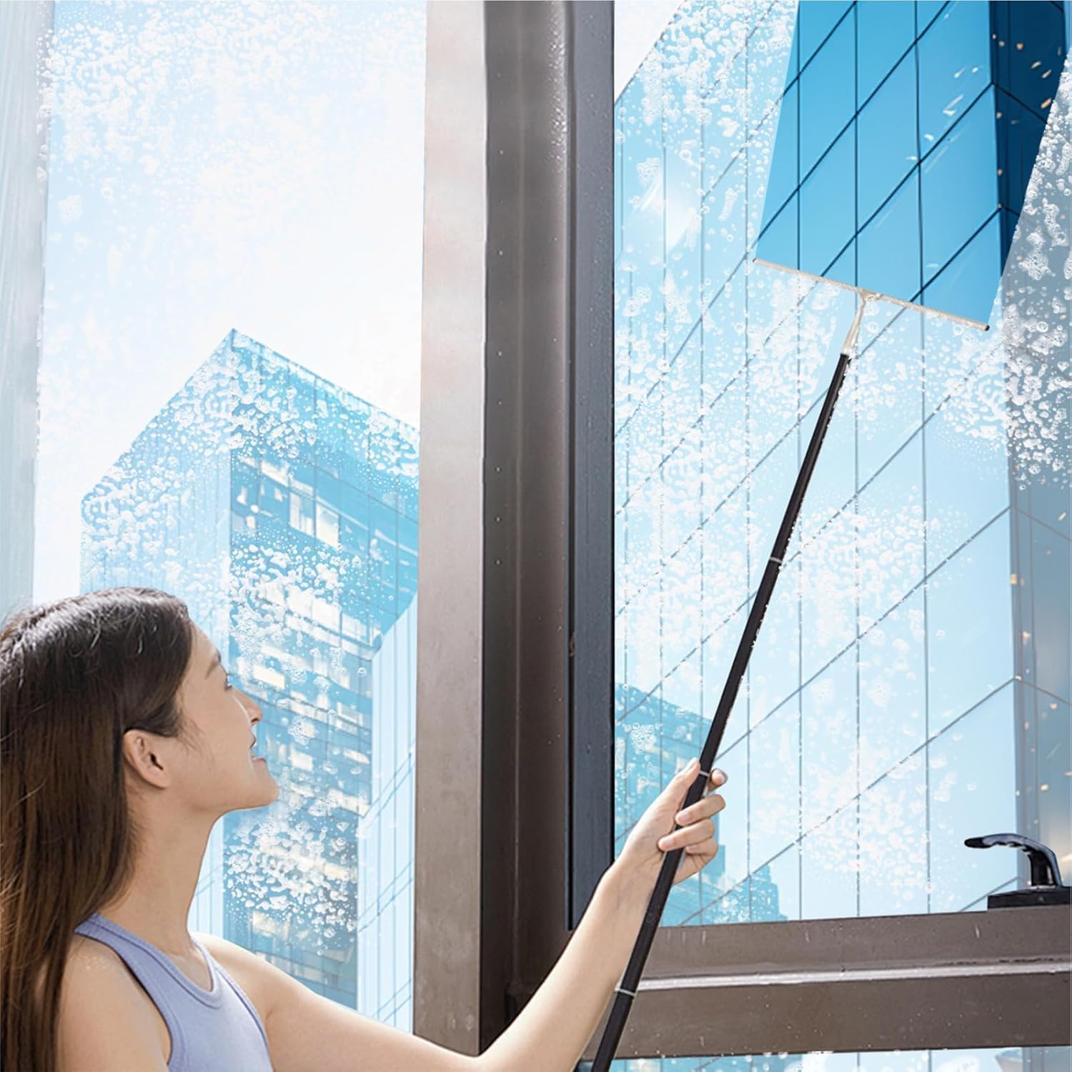 17.3″-60″ Extendable Shower Squeegee with Long Handle - Metal Window Squeegee with Extension Pole for Shower Glass, Home High Window, Floors