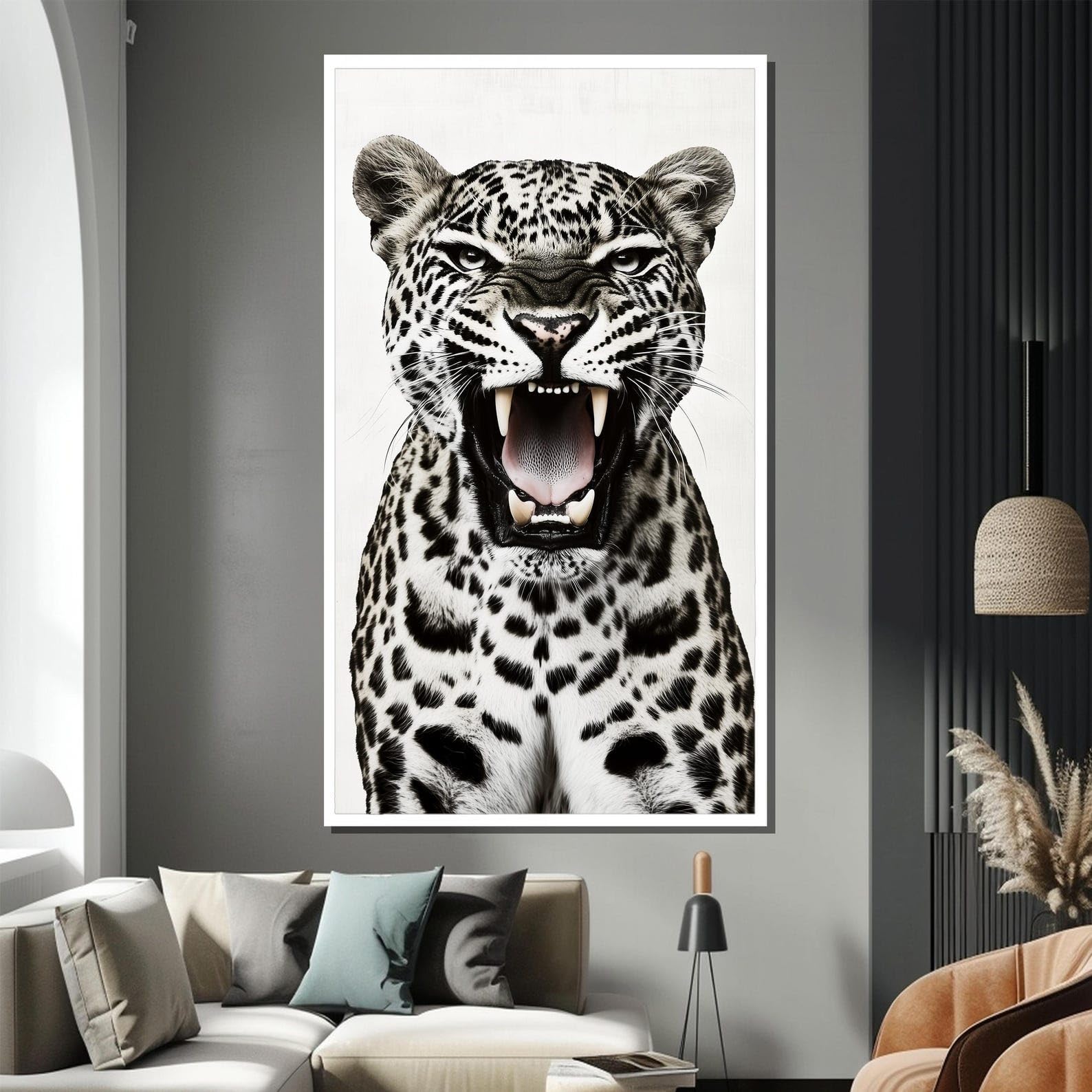 CAOXTART Czarno-biały obraz zwierząt na płótnie - ryczący tygrys plakat sztuka ścienna na płótnie do dekoracji wnętrz (80 x 150 cm / wewnętrzna rama)